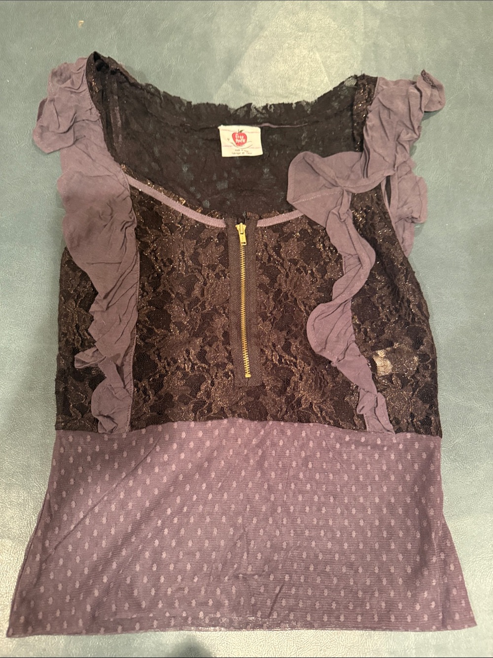 NWT Free People Black / Gray Lace Ruffle Front Women's Top with Zipper.